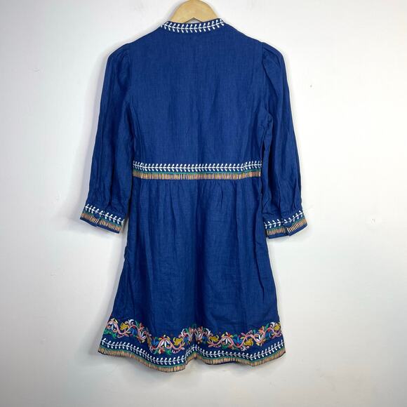 Boden Dakota Blue Linen Embroidered Long Sleeve Dress Artsy Boho Womens 4P 4 New - Picture 8 of 17